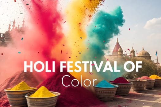 Holiday Holi concept. Holi festival of color poster. Happy Holi. An explosion of multi-colored paint, bright vibrant pigments on the street. Indian holiday. Gulal colors in bowls.