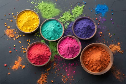 Gulal colors in bowls for Indian Holi festival. Happy Holi, festival of colors.