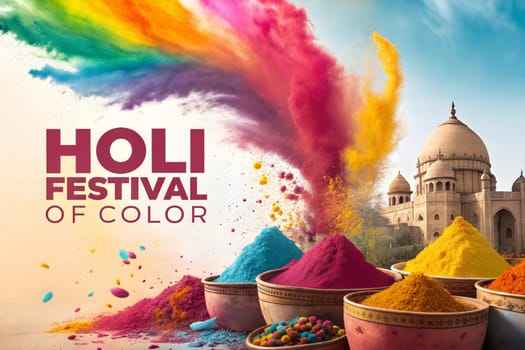 Holiday Holi concept. Holi festival of color poster. Happy Holi. An explosion of multi-colored paint, bright vibrant pigments on the street. Indian holiday. Gulal colors in bowls.