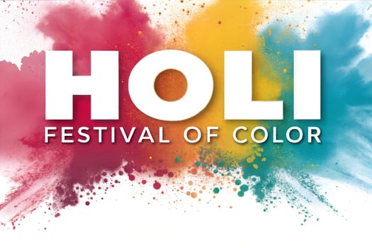 Holiday Holi concept. Holi festival of color banner. Happy Holi. An explosion of multi-colored paint, bright vibrant pigments on white background