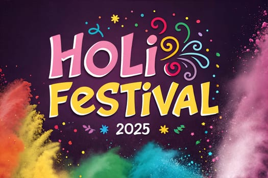 Holiday Holi concept. Holi festival of color banner. Happy Holi. An explosion of multi-colored paint, bright vibrant pigments. Indian holiday.