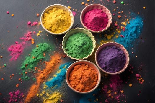 Gulal colors in bowls for Indian Holi festival. Happy Holi, festival of colors.