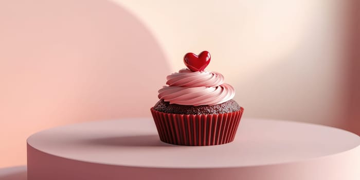 Romantic dessert. Red velvet cupcake with heart decoration for Valentines day.