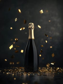 Celebratory champagne bottle with flying golden confetti for festive occasions.