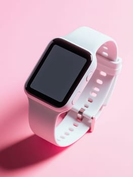 Modern smartwatch with blank screen on pink background.