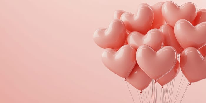 Romantic pink heart balloons in soft pastel background perfect for Valentines greeting cards.