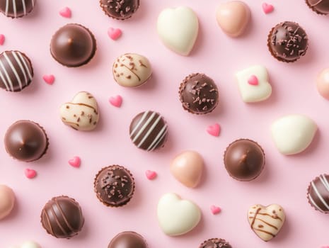 Valentines day celebration with heart shaped chocolates and confetti for romantic decor.