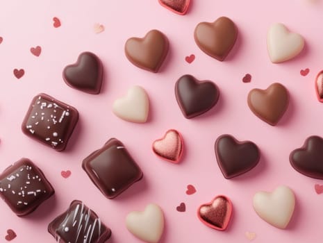 Heart shaped chocolates and confetti for Valentines day celebration flat lay design.