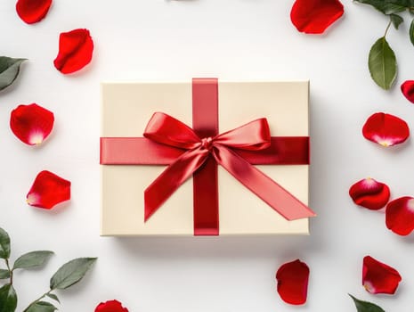Romantic Valentines gift box with red ribbon surrounded by rose petals for holiday celebration.