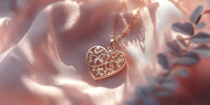 Romantic heart shaped locket on soft pink fabric background for Valentines day jewelry design.