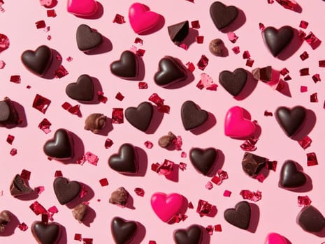 Valentines day heart shaped confetti and chocolate flat lay for romantic celebrations.