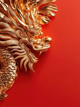 Golden Chinese dragon decoration on red background for lunar new year celebration.
