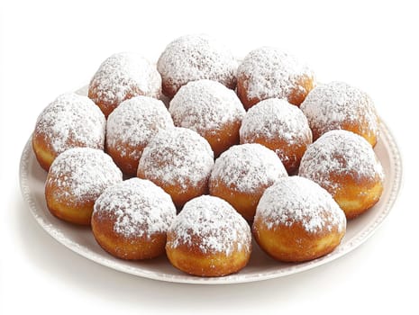 Delicious sufganiyot doughnuts for Hanukkah celebration topped with powdered sugar on white plate.