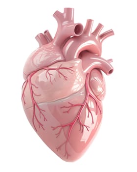 Anatomical model of the human heart isolated on white background. Cardiology banner. Organ transplant and cardiovascular medicine concept. Selective focus, copy space. High quality photo