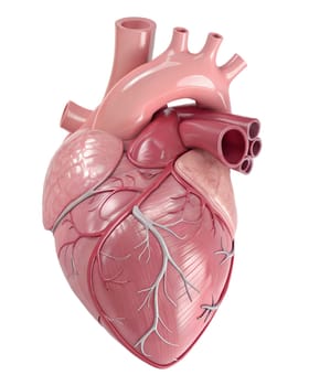 Anatomical model of the human heart isolated on white background. Cardiology banner. Organ transplant and cardiovascular medicine concept. Selective focus, copy space. High quality photo