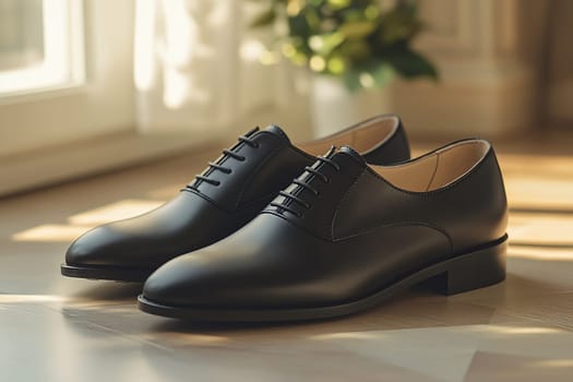 Men's classic leather shoes on wooden floor with blurred home background.