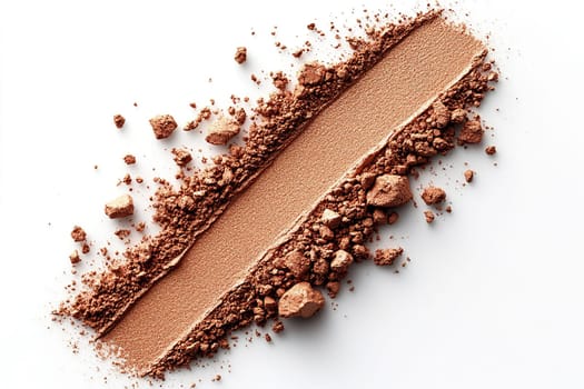 Scattering of bronzer or brown eyeshadow for face on white background, makeup concept