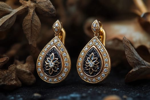 Women's elegant gold earrings with precious stones on a wood texture background.
