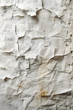 A detailed shot of a stone wall with peeling white paint, revealing hints of brown, wood, grey, and brick formation in the building material pattern