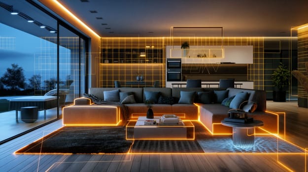 futuristic and stylish living room features a plush sofa, glowing edge lighting, and a cozy atmosphere, showcasing modern decor and an inviting ambiance - home automation concept - Generative AI
