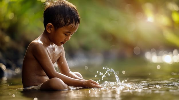 A boy sits in a gentle stream, splashing water with his hands, fully immersed in play. The warm sunlight bathes the scene, highlighting the peaceful natural setting - Generative AI