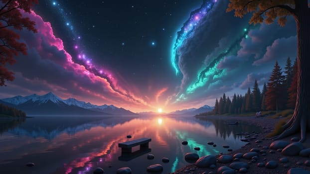 A beautiful, colorful sky with a bright sun and a rainbow. The sky is filled with stars and the sun is setting