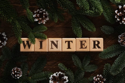 Text Winter in English of wood block on dark background with pine cones and green fir branches
