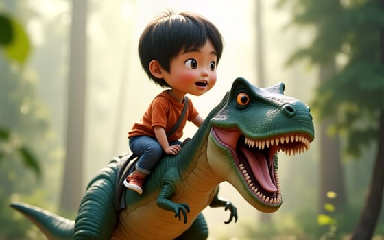 A joyful chinese child sits atop a colorful T-rex dinosaur in a vibrant forest, with sunlight filtering through the trees, creating a whimsical atmosphere of adventure - Generative AI