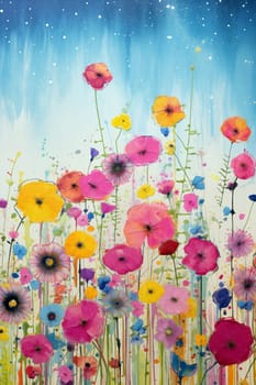 A vivid display of flowers in various colors fills the canvas, showcasing a lively mix of blooms against a bright blue sky, evoking a sense of joy - Generative AI