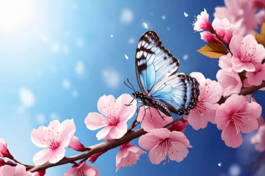 A blue butterfly perched on pink cherry blossoms, with a soft blue background. The image conveys delicate beauty and nature's harmony