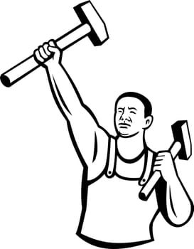 Mascot illustration of John Henry, American folk hero, African American freedman and steel driver holding sledge hammer viewed from front
isolated background in retro style.