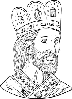 Line art drawing illustration of head of King David, the third king of the United Kingdom of Israel viewed from front done in medieval style on isolated background in black and white.