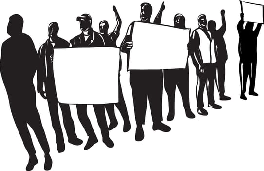 Retro woodcut style illustration of a group of protesters holding signs viewed from front on isolated background done in black and white.