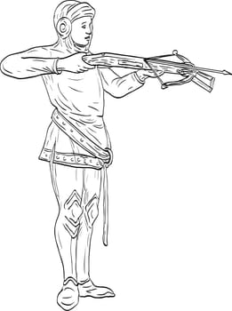 Line art drawing illustration of medieval archer with crossbow viewed from front done in medieval style on isolated background in black and white.