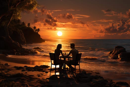 Romantic couple having dinner at sunset by the sea. High quality photo