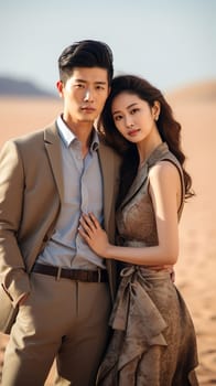 Portrait of a young Korean couple, wearing beige clothes. Model. High quality photo