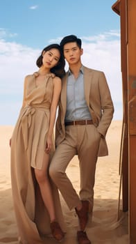 Portrait of a young Korean couple, wearing beige clothes. Model. High quality photo