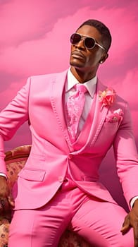 Stylish African-American man in a luxurious pink suit. High quality photo
