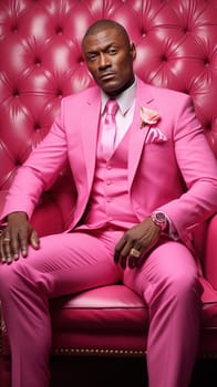 Stylish African-American man in a luxurious pink suit. High quality photo
