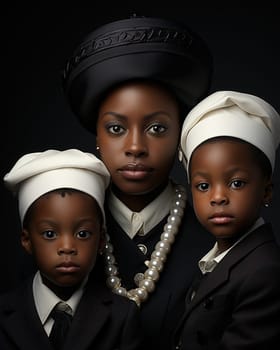 Stylish African-American woman with children in black clothes on a black background. A sumptuous portrait of a family. High quality photo