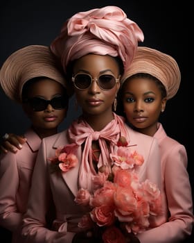 Stylish, fashionable African-American woman with children in pink elegant suits, on a black background. High quality photo