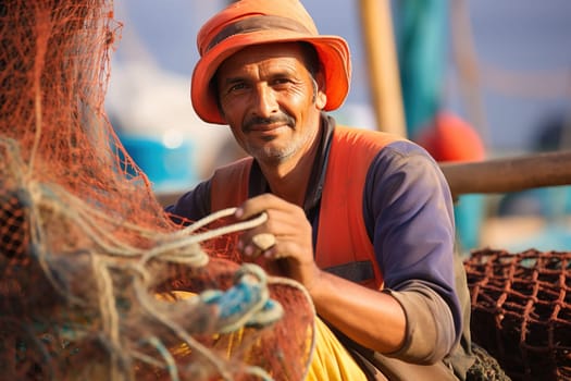 Portrait of an adult fisherman in overalls with a net. High quality photo