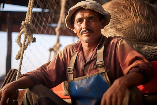 Portrait of an adult fisherman in overalls with a net. High quality photo