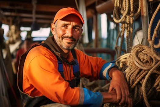 Portrait of an adult fisherman in overalls with a net. High quality photo