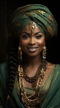 Portrait of a beautiful African woman in a luxurious dark green bejeweled outfit. High quality photo