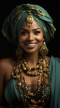 Portrait of a beautiful African woman in a luxurious dark green bejeweled outfit. High quality photo