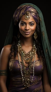 Portrait of a beautiful African woman in a luxurious purple green bejeweled outfit. High quality photo