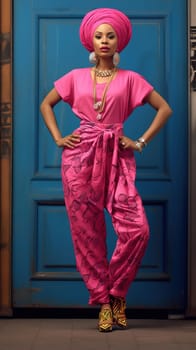 Stylish African-American woman, in pink clothes in the style of Barbie. Full-length portrait. High quality photo