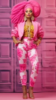 Stylish African-American woman, in pink clothes in the style of Barbie. Full-length portrait. High quality photo