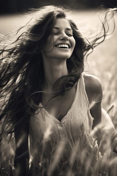 Happy girl with long hair in the field. Black and white picture. High quality photo